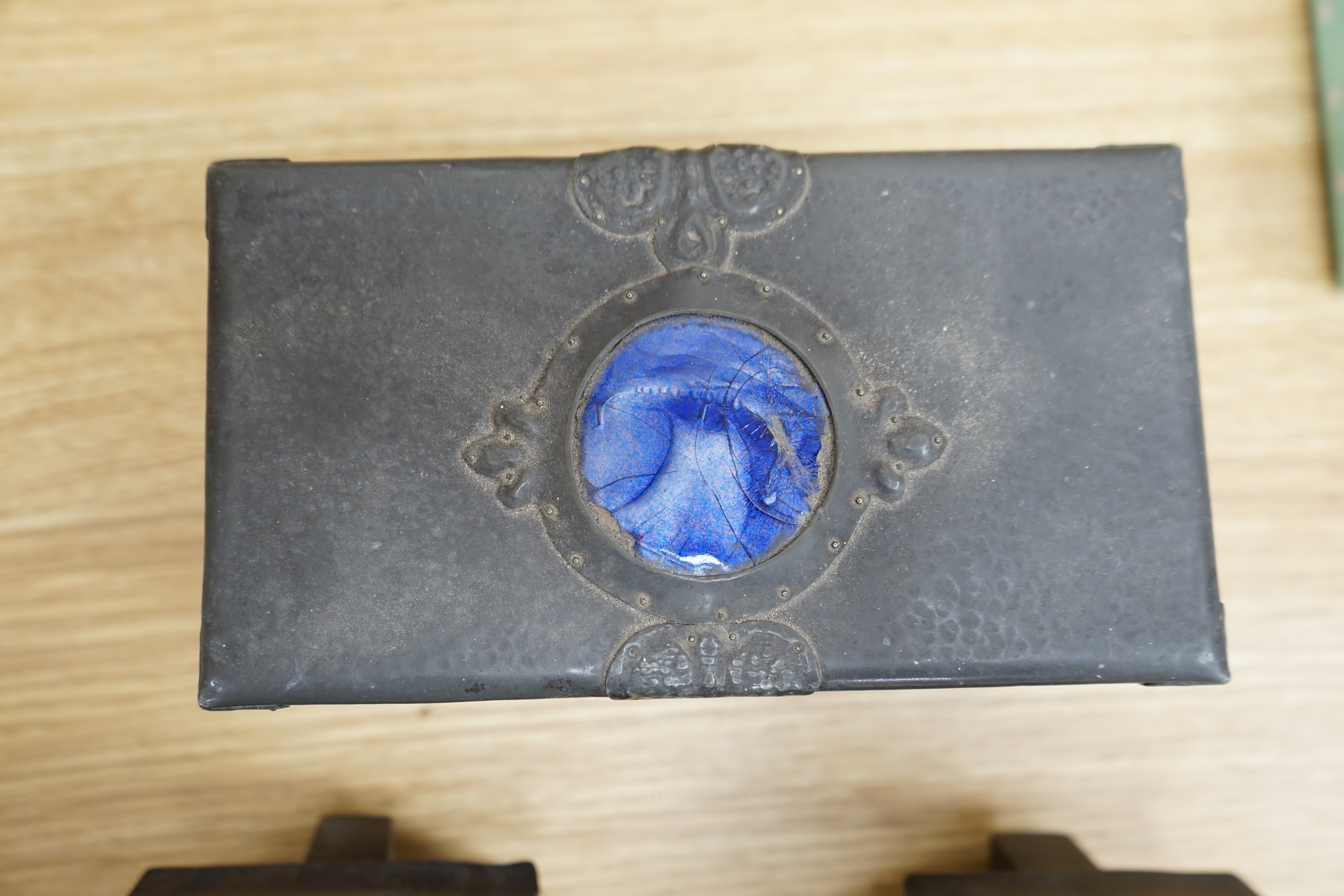 Two wooden fishing reels, a Victorian truncheon and an Arts and Crafts pewter box with enamel roundel. Truncheon 43cm long., Condition - all items worn